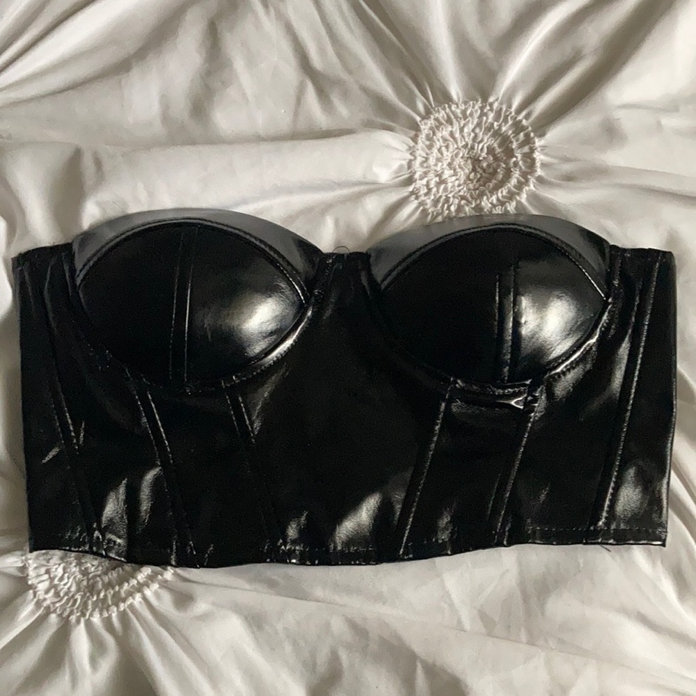 Leather cropped strapless bustier